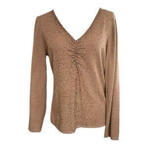 Chicos Beaded Sequin V-Neck Sweater~Size 2 (L/12)~Brown Cocktail Top ~  L14 14